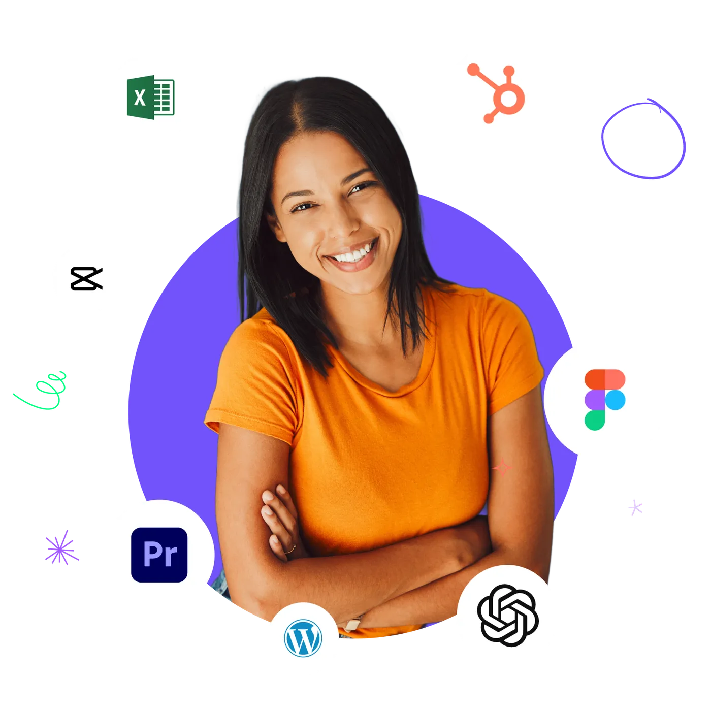 Apprenante souriante entourée des logos des outils enseignés (IA, vidéo, design, marketing)